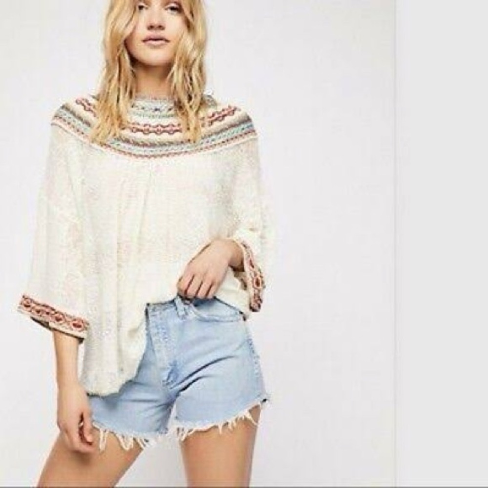 Free People Cream Embroidered Yoke Knit Top XS Boho Peasant Festival Blouse - Picture 6 of 10